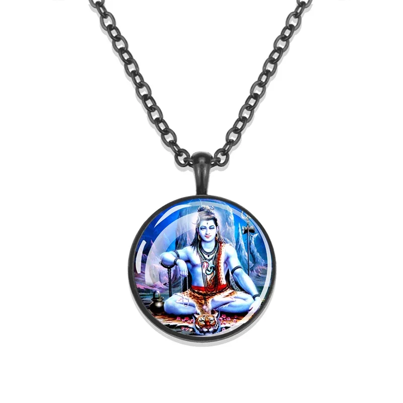 1pcs Hinduism Black Chain Necklace Vishnu and Shiva Glass Cabochon Amulet Pendant Indian Jewelry