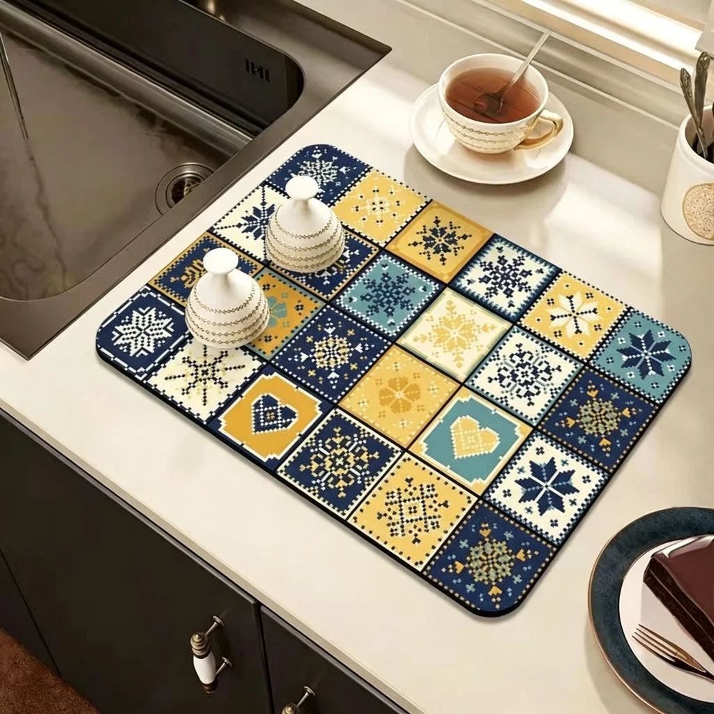 VIKAMA Kitchen Drain Mat Nordic Geometric Heart Snowflake Print Non Slip Absorbent Washable Easy Clean Quick Dry Waterproof Soft