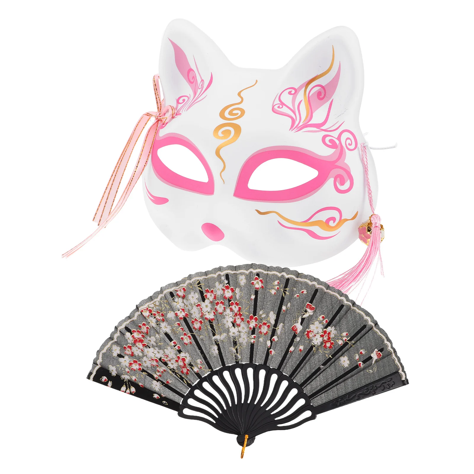 

1Set Japanese Fox Mask Half Face Hand Painted Folding Fan Kimono Costume Animal Cosplay Halloween Masquerade Party Mask