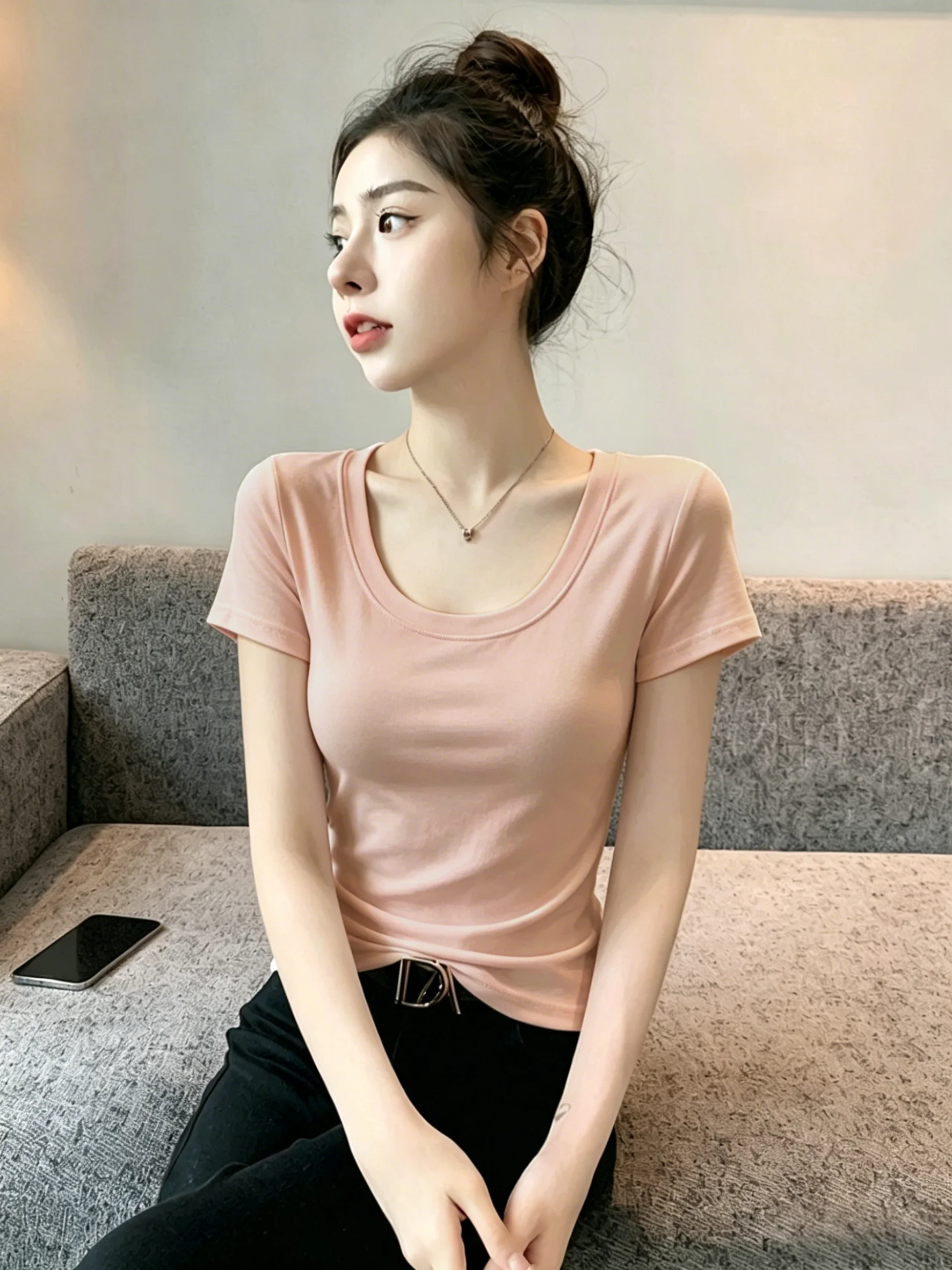 Slim Fit U-Neck Short Sleeve T-Shirt Women's Cotton 95% Elastic Fiber 5% Summer Casual Wear Casual Style Pure Color