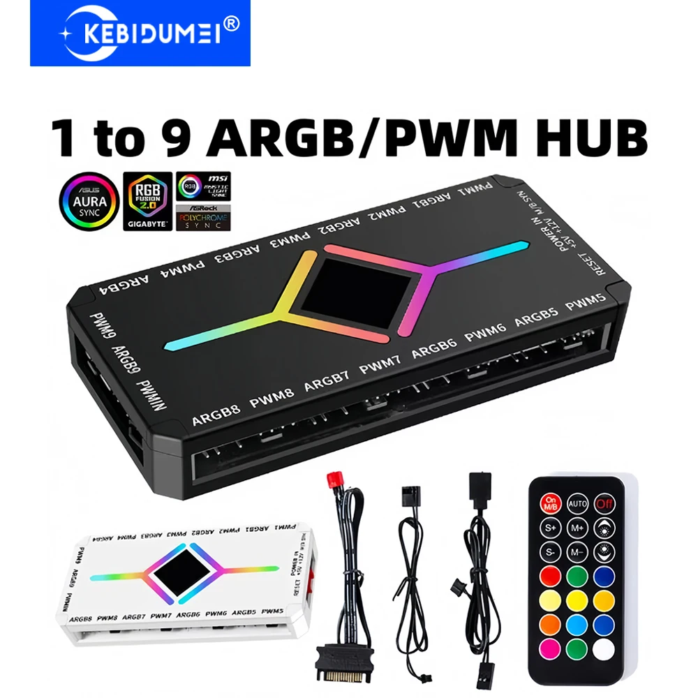 

1 to 9 Port 3PIN ARGB 4PIN PWM HUB PC Case Fan Light Synchronous Bottom magnetic design with Remote Control PWM Magnetic Hub