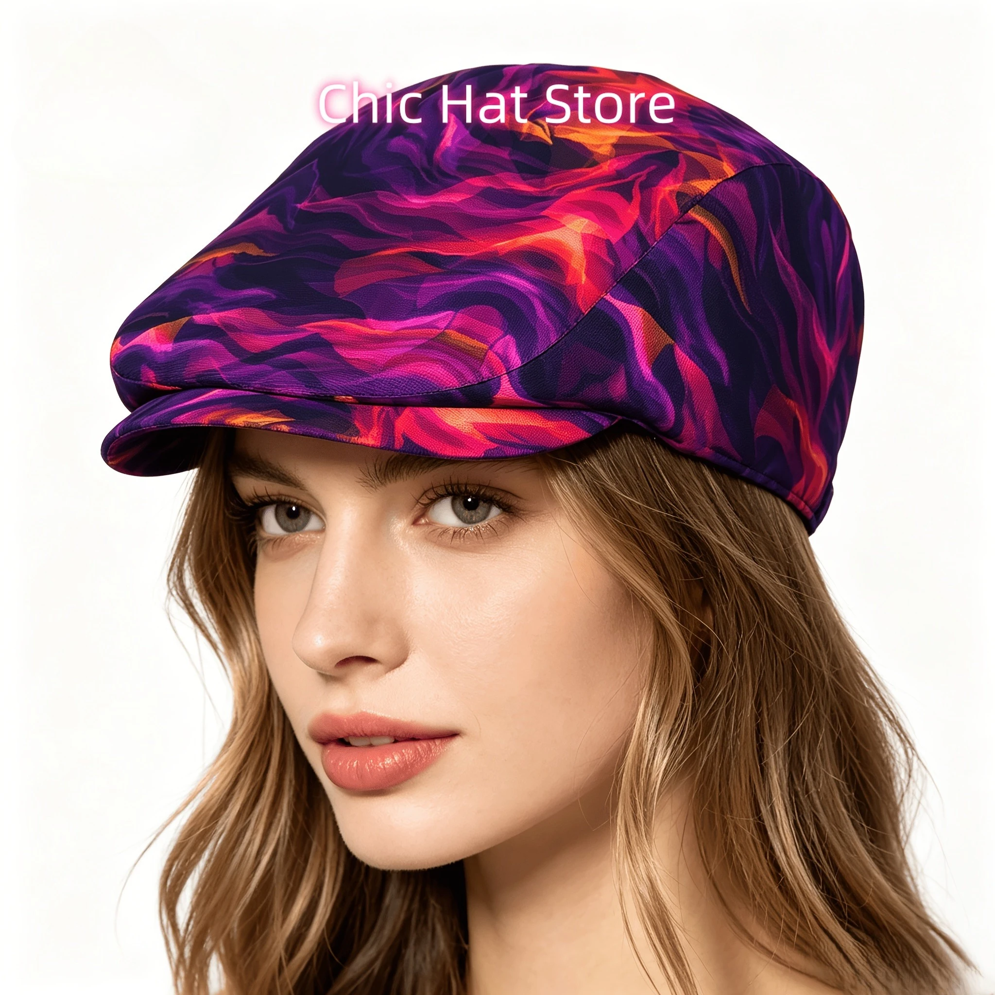 1pc Purple Orange Wave Art All-Over Print Flat-Top Hat for Men And Women, Newsboy Cap, Beret, Irish Hat, Driver Cap, Retro Hat,