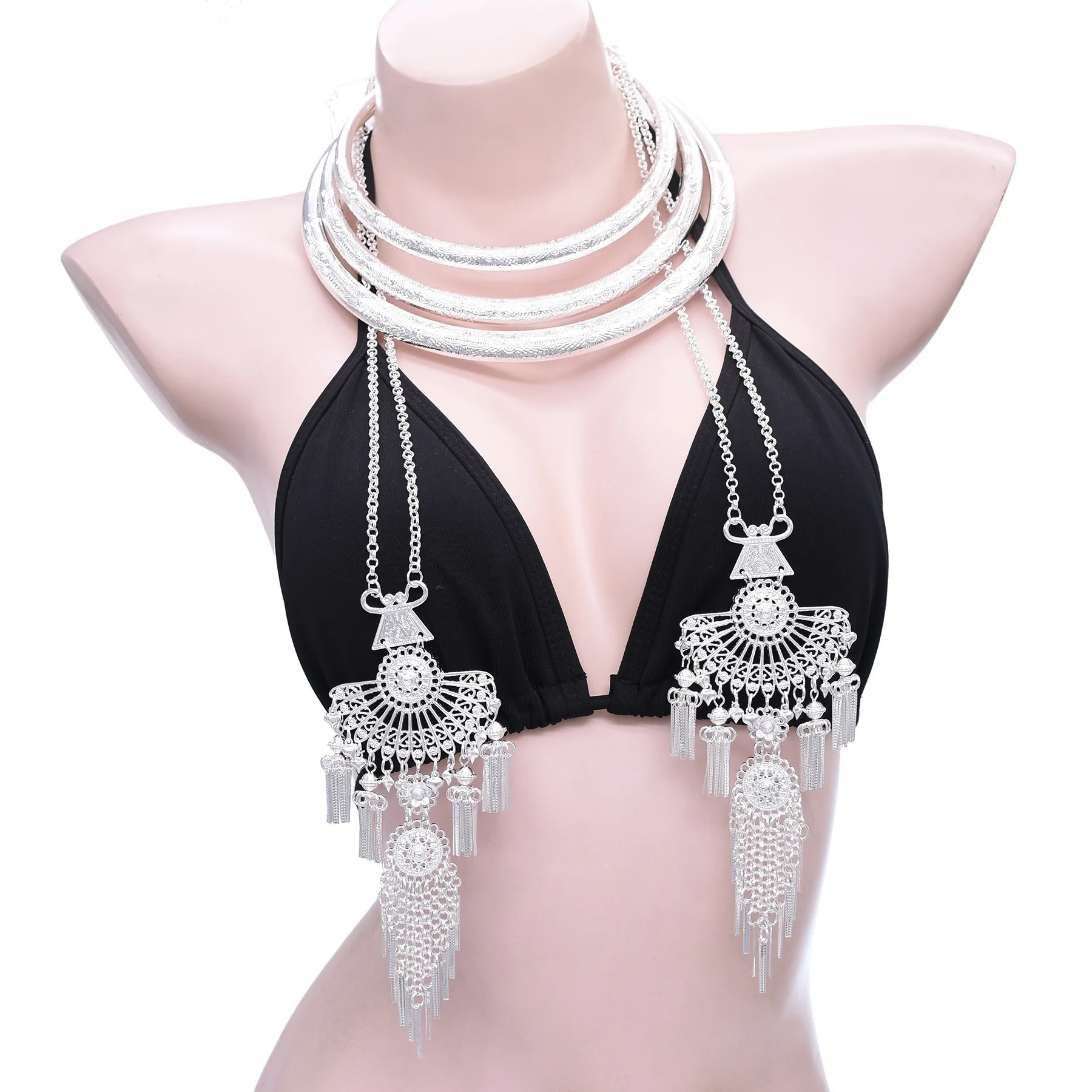 Silver Plated Miao Yi Ethnic Multi Layer Choker Necklace for Women Long Chains Hollow Flower Fan Shape Pendant Necklaces Jewelry