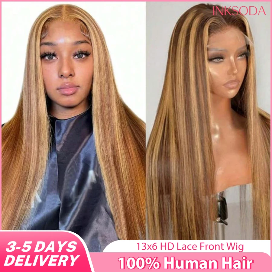 

40 30 Inch Honey Blonde Ombre Brown Colored Bone Straight Highlight 13x6 Lace Frontal Wig Human Hair Wig Brazilian Hair P4/27
