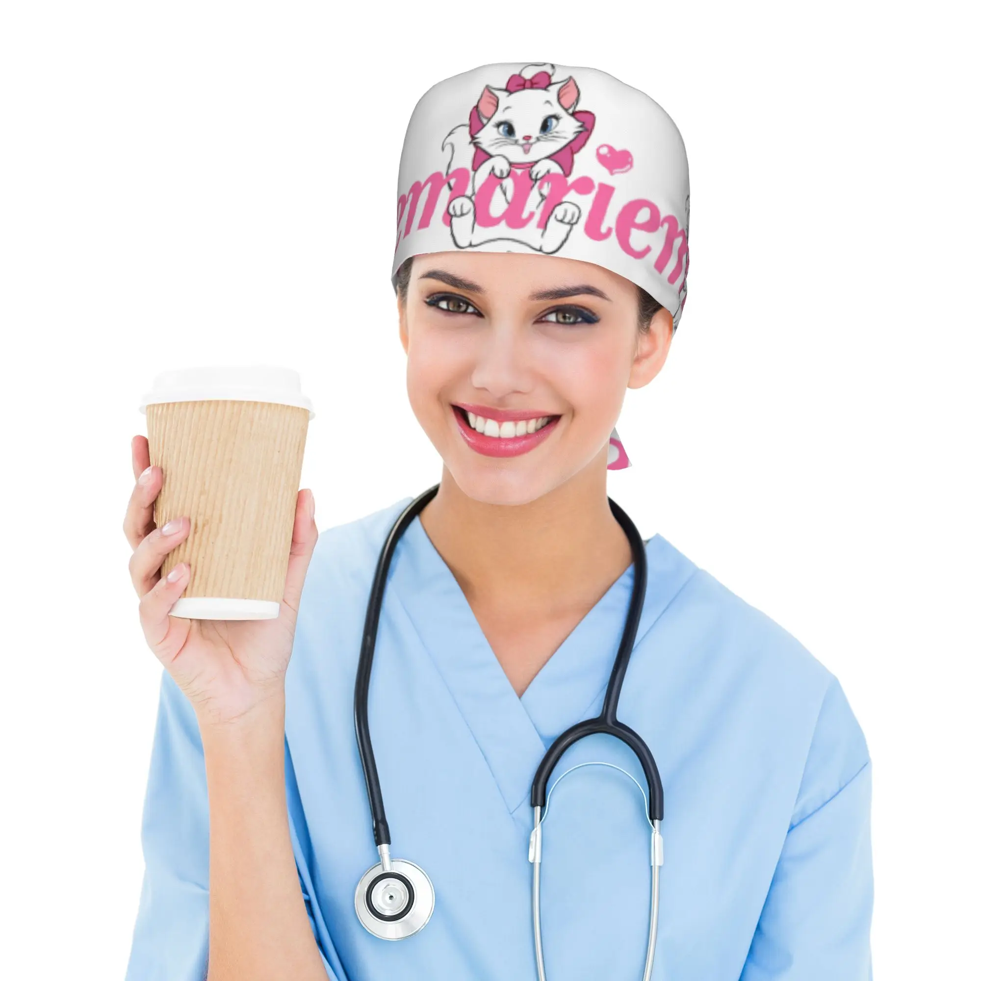 Custom M-Marie Cat Cartoon Scrubs Cap Surgical Hats Men Women Cat Manga Operating Room Cap Operator Hats Lab Works Hat