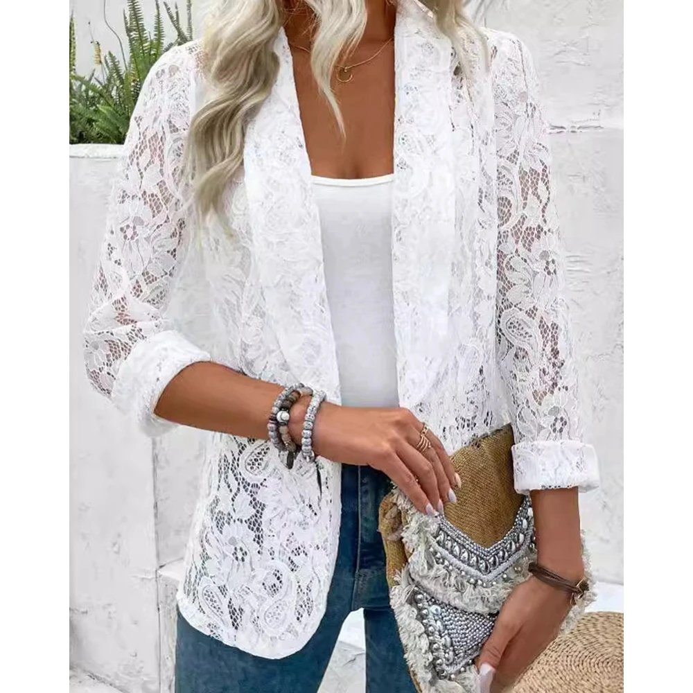 Women Open Stitch Lace White Blazer Coat Femme Long Sleeve See Through Hollow Out Elegant Jacket Autumn Cardigan Outfits