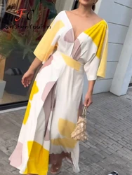 Women’s Dress Spring Summer 2024 New Fashion Temperament V-neck Ankle-Length Skirt Elegant Print High Waist A-line Long Dresses