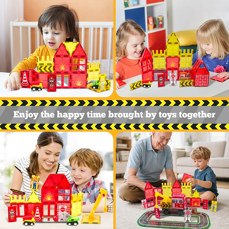 Telhas magnéticas com tema de combate a incêndios, com caminhão de bombeiros e estação, telhas magnéticas de construção, brinquedos de construção para crianças, brinquedos de aprendizagem