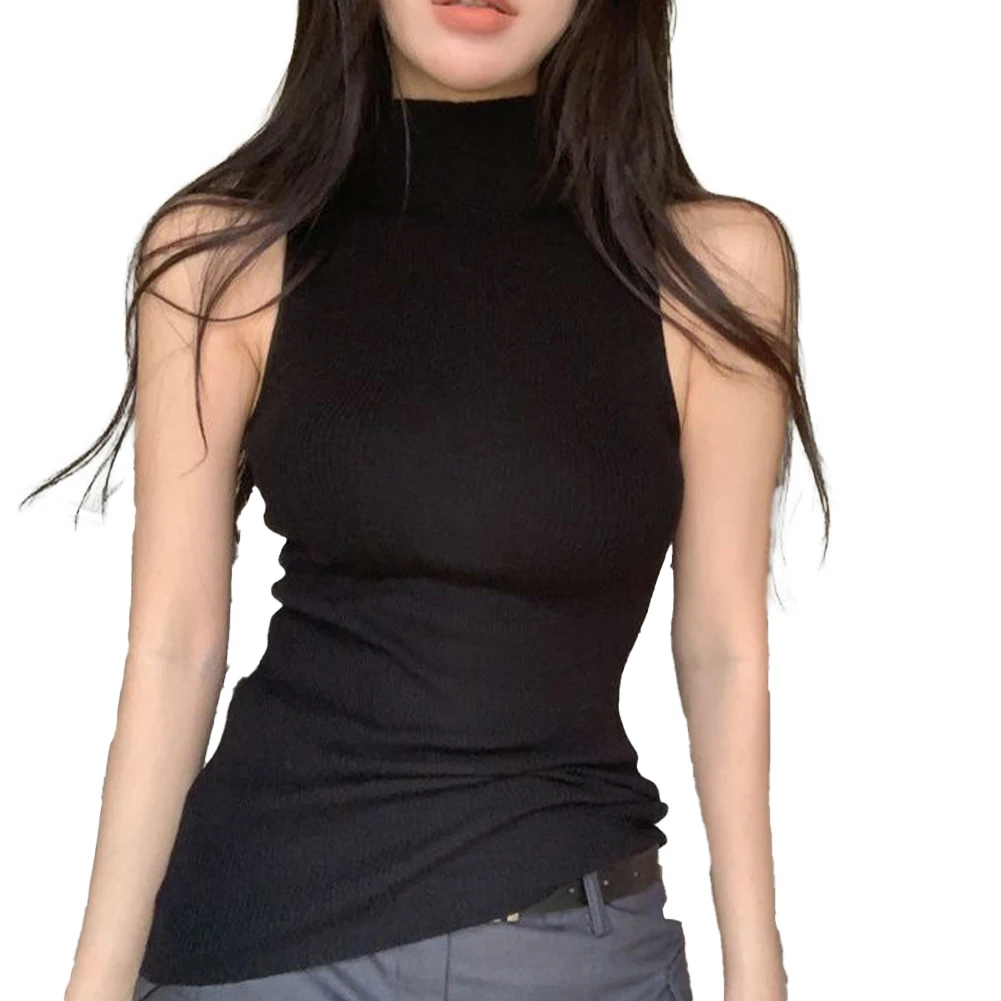 

Womens Camisole Skin-friendly Sleeveless Solid Color Streetwear Turtleneck Knitted Versatile Vintage Breathable