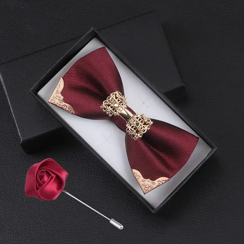 Bow tie Men\'s bow tie Wedding metal butterfly piece Fashion female groom formal dress best man group Burgundy butterfly