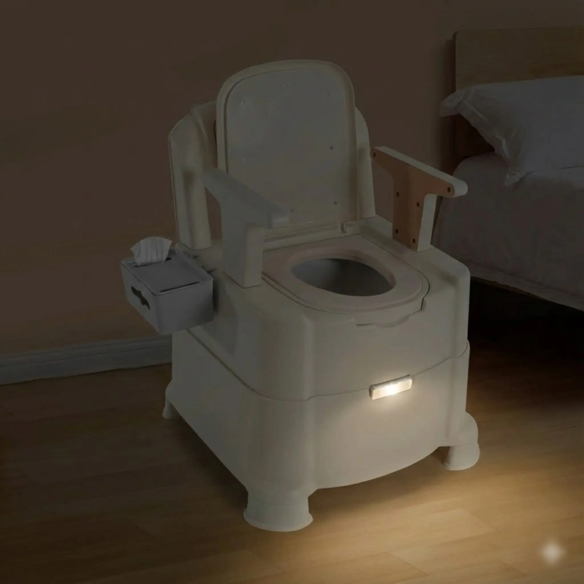 كرسي مرحاض محمول للعناية المنزلية بجانب السرير مع مقعد وسادة من البولي يوريثان وغطاء مانع للتسرب للرائحة