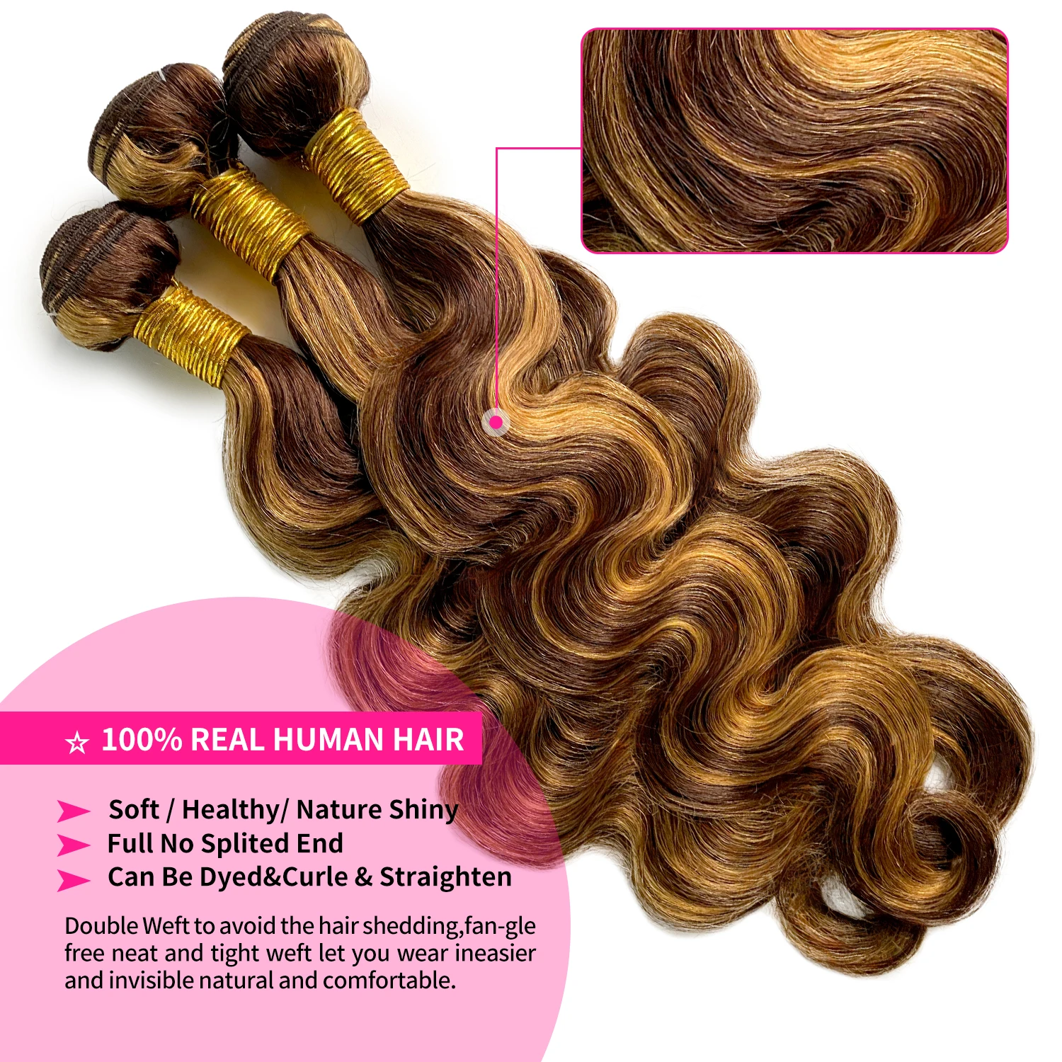 Body Wave Bundles With Frontal P4-27 Natural Brazilian Human Hair 3 Bundle with 13x4 Lace Frontal Honey Blonde Highlight Bundles