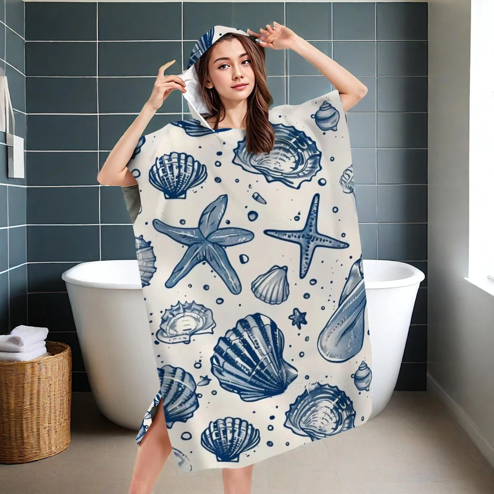 Seashell Starfish Hooded Bathrobe Quick Dry Microfiber Beach Towel Poncho