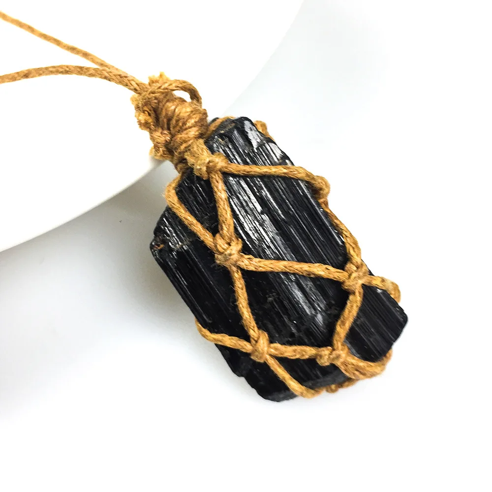 1Pc Natural Raw Black Tourmaline Healing Chakra Pendant Negative Energy Cleanser Relieve Stress Hand Braided Necklace