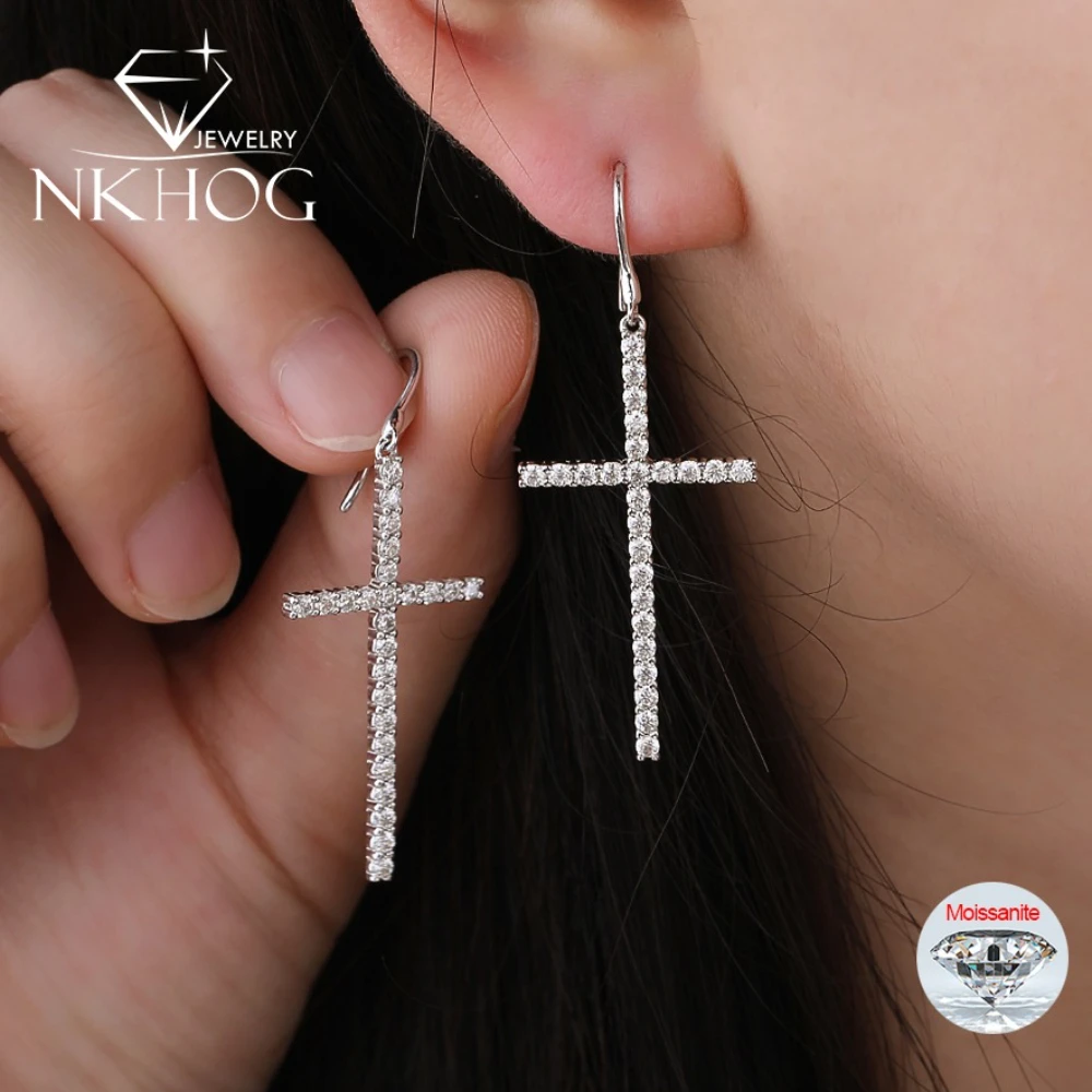 

NKHOG Full 1.8mm Moissanite Cross Drop Earring 925 Sterling Silver Trendy Diamond Ear Stud For Women Party Gift Fine Jewelry GRA