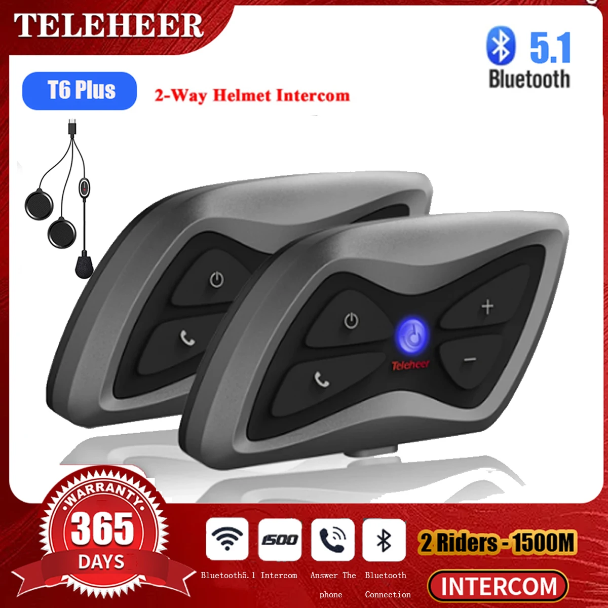 

Bluetooth-гарнитура Teleheer T6 Plus для мотоциклетного шлема, 2 водителя, 5,1 м