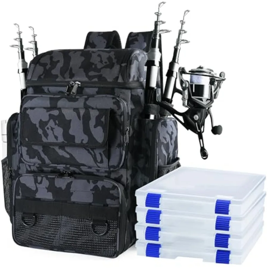 

Fishing Backpack with 4 Tackle Boxes 45L Large Tackle Bag Fishing Tackle Backpack for Fishing Camping Hiking Camouflage