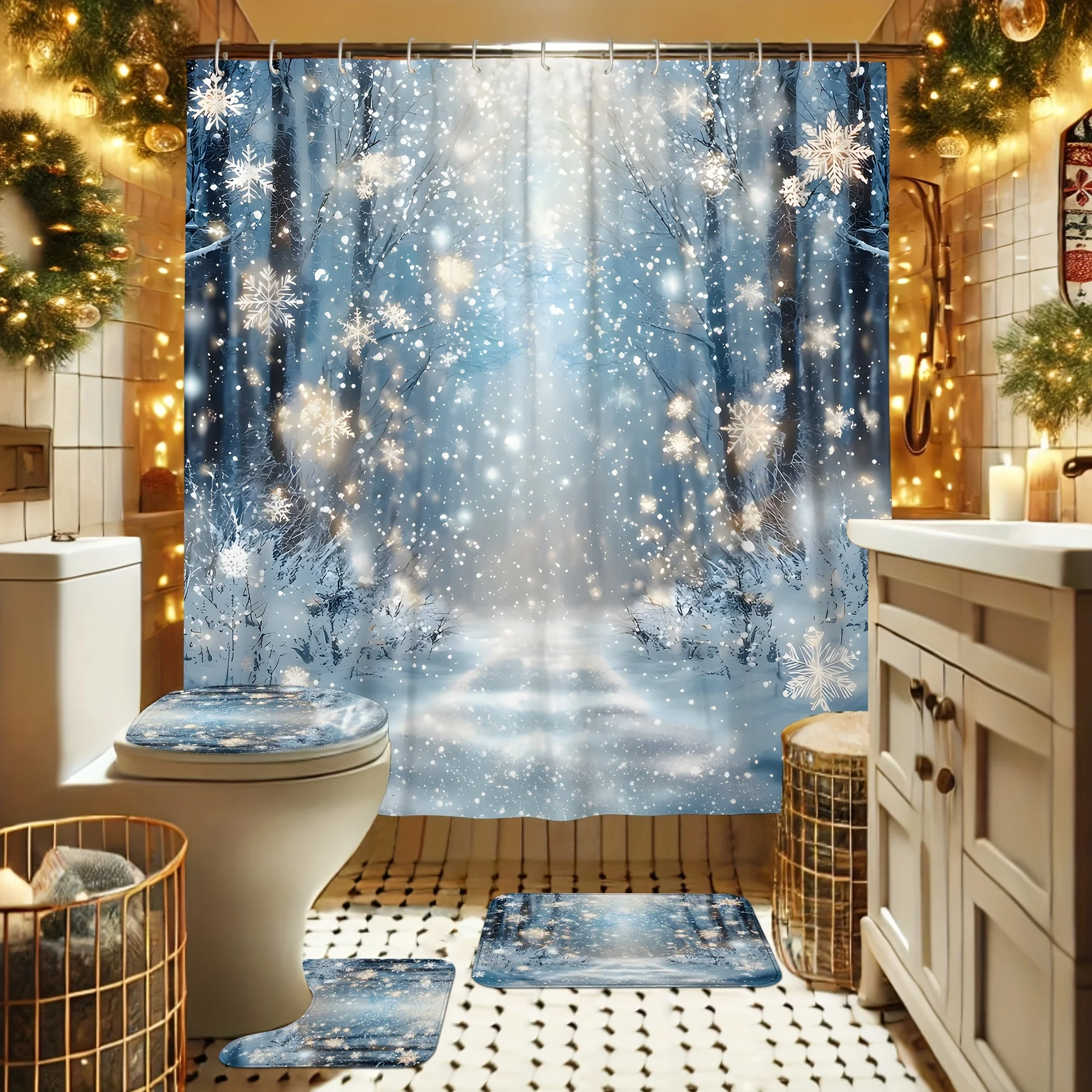 4PCS Merry Christmas Shower Set Forest Snowflake Blue Gold Print 12 Hooks Non-Slip Mat U-Shaped Seat Cover Holiday Decor
