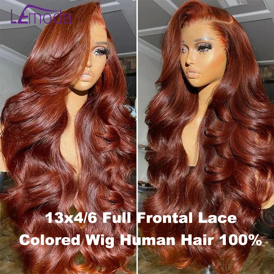 

Reddish Brown 13x6 Lace Full Frontal Wig 250 Density Pre Plucked 13x4 HD Transparent Lace Wig Body Wave Copper Brown Colored 12A