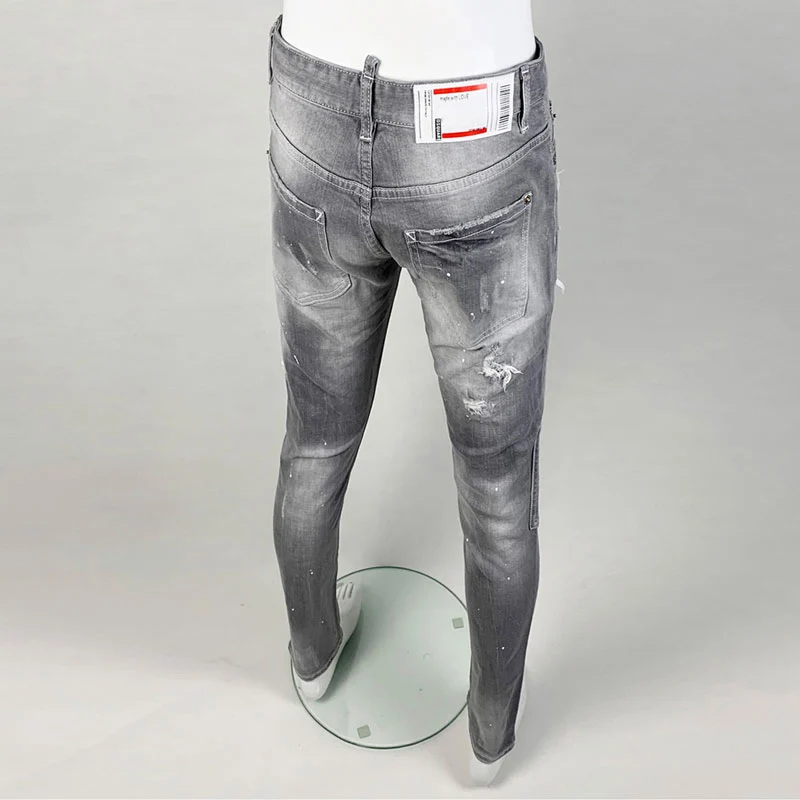 Fashion new men's jeans elastic slim fit gray jeans high street designer tapered pants Y2K