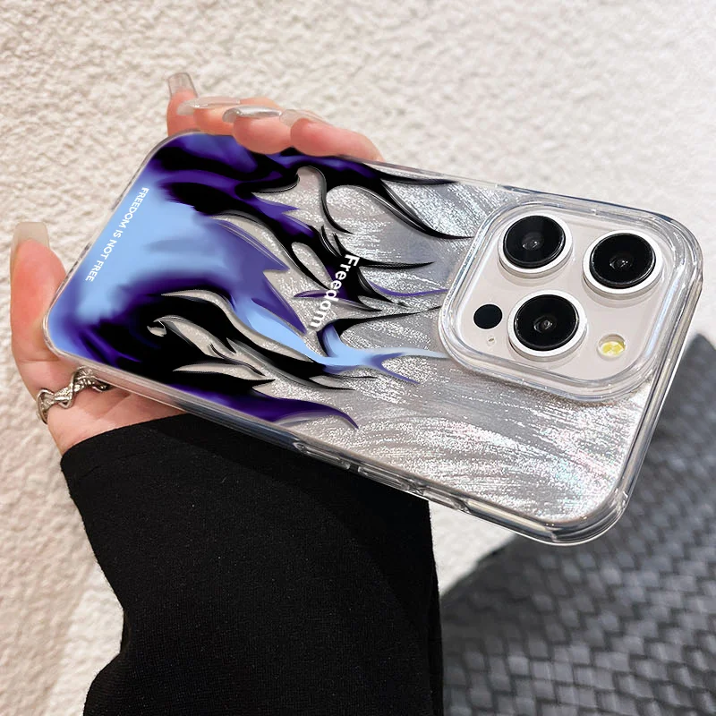Etui na telefon iPhone 16 15 E Pro Max 14 13 Pro 12 11 Plus z pełną ochroną aparatu, srebrne, dla kobiet i mężczyzn, niebieski płomień, błyszczące.