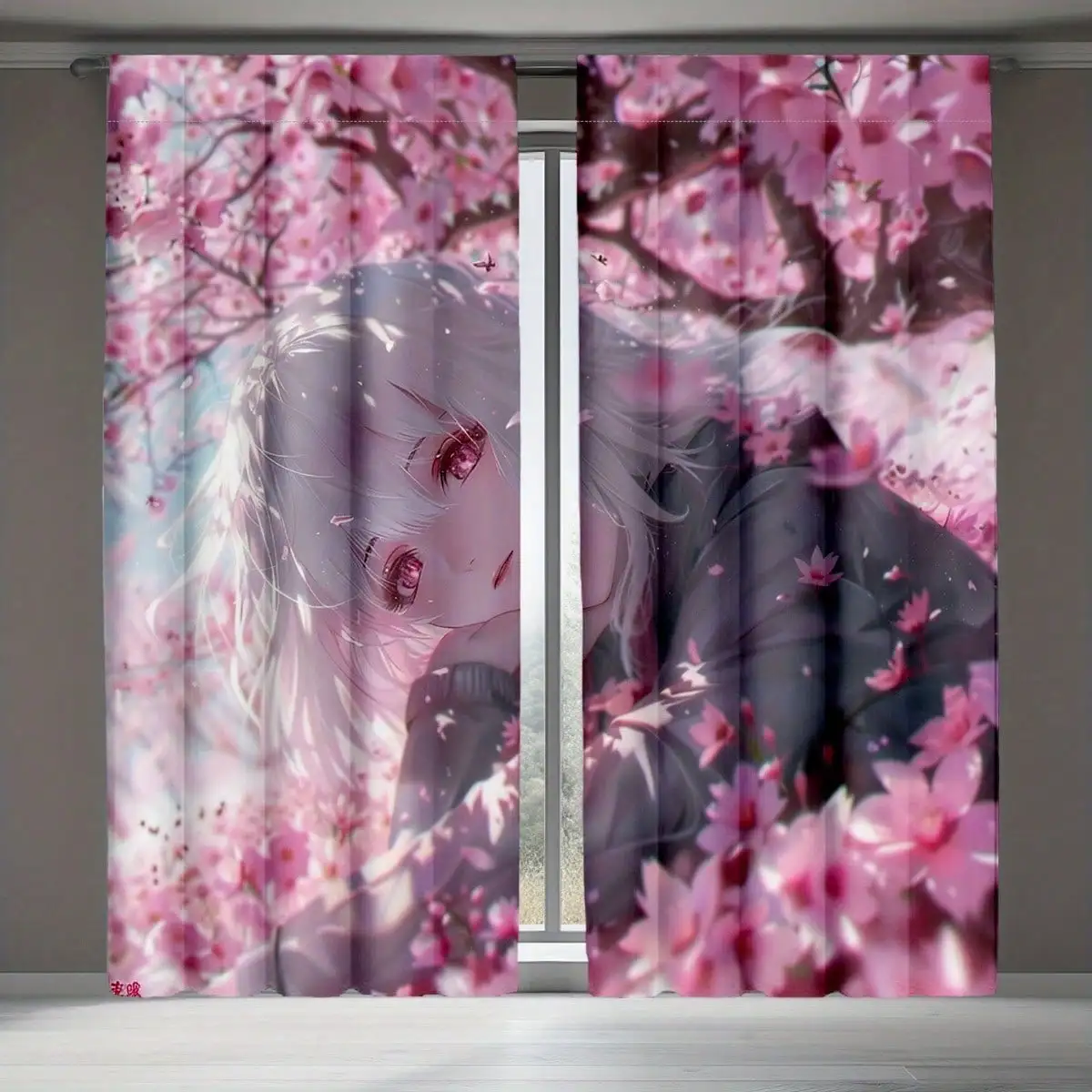 2pcs Anime-Inspired Cherry Blossom Room Curtains - Semi-Transparent Polyester, Washable & Machine Washable,  Perfect For Bedroom