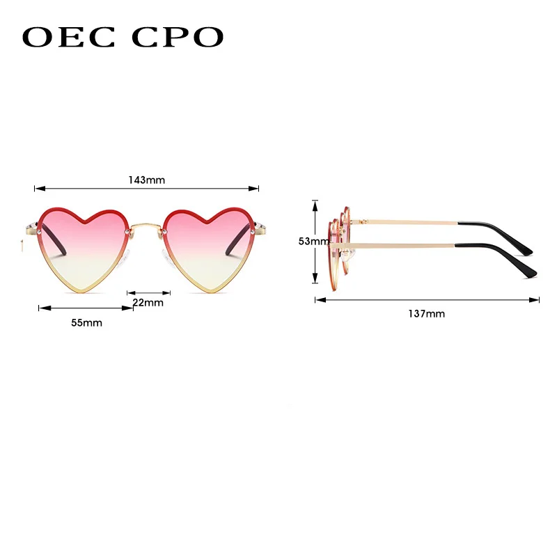 OEC CPO Ladies Heart Shaped Rimless Sunglasses Women Fashion Sun Glasses Female Trending Frameless Eyeglasses UV400 Eyewear