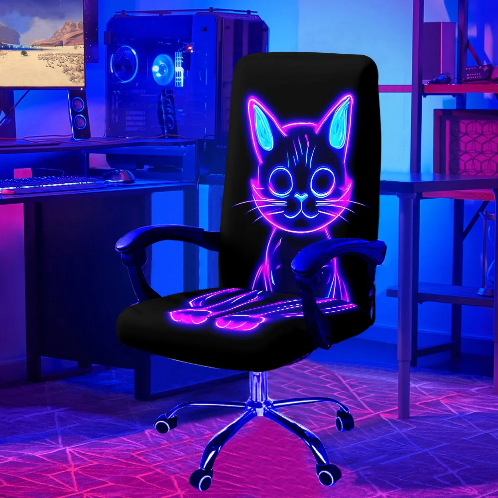 Cute Kitten King UV Reactive Glowing Computer Office Chair Cover Elastic Machine Washable Boss Chair Cover Game Chair Decoration