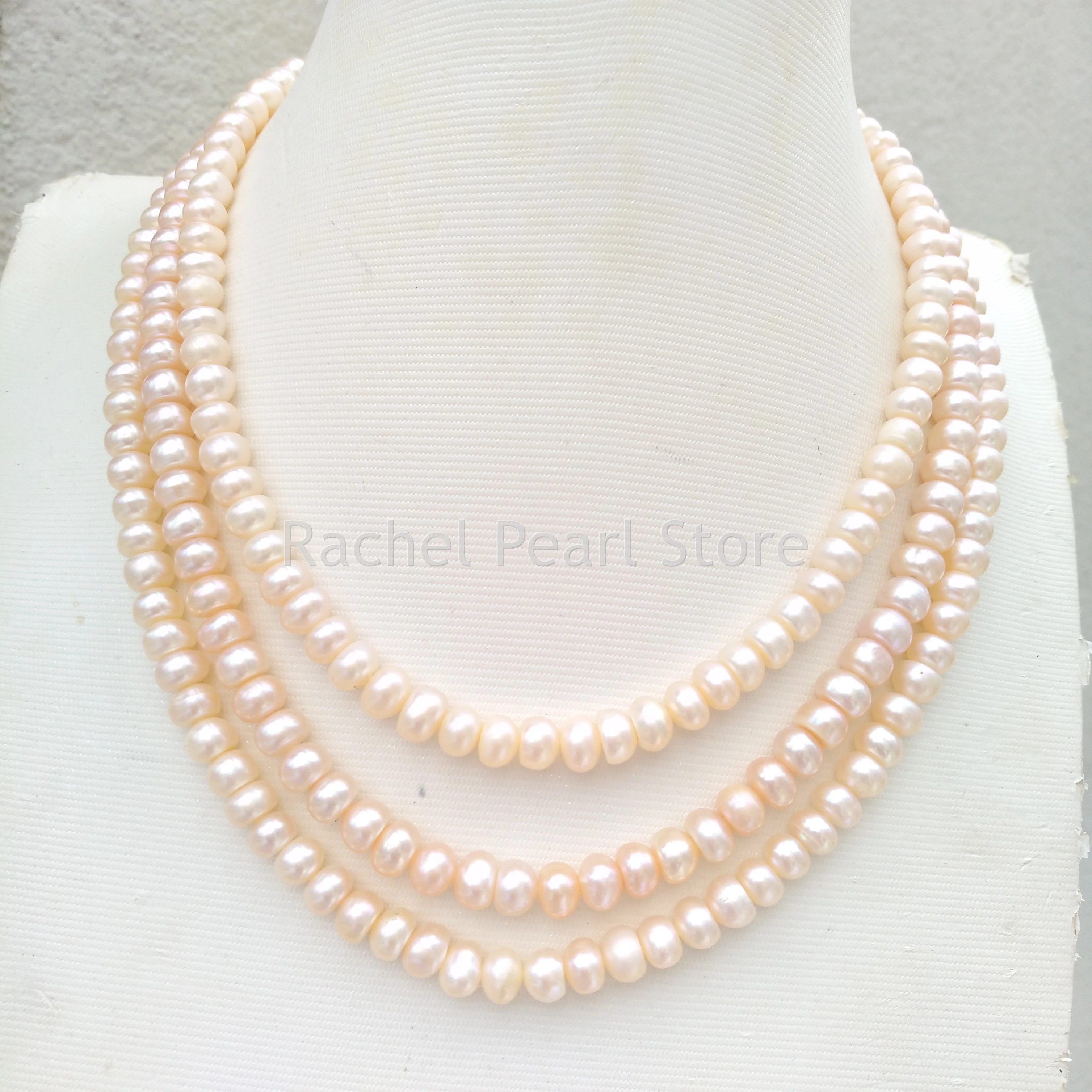 

At Party Triple Strand 6-7mm Pink Aaa Natural Akoya Real White Pearl Necklace 18" Free Shipping Filled With 14k