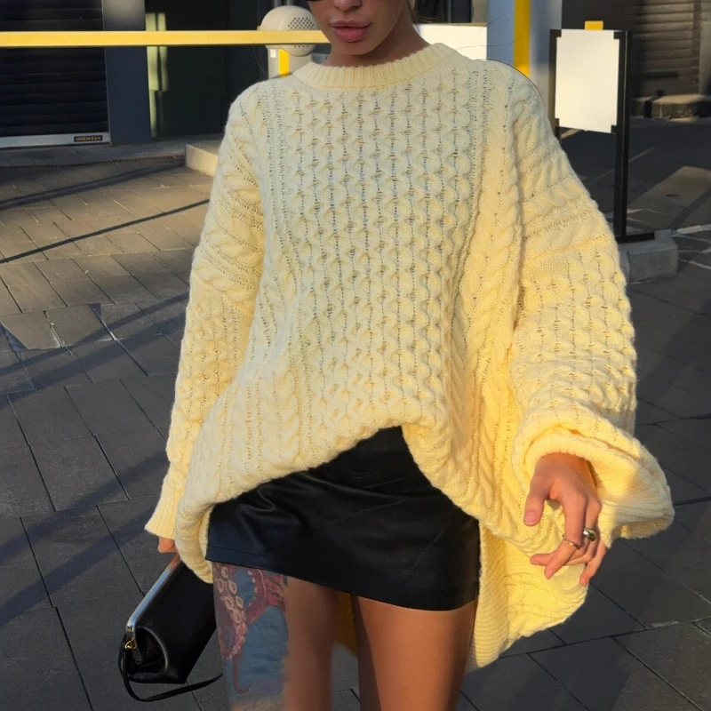 

Autumn Yellow Twisted Knitted Sweater O Neck Pullover Solid Elegant Loose Oversize Jumper Long Sleeve Vintage Women Winter Tops