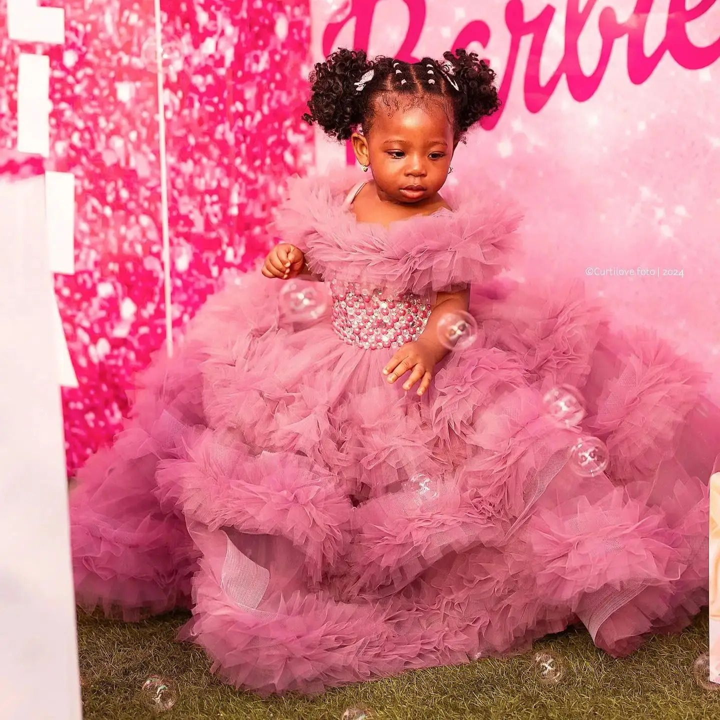 Vestidos de fiesta de cumpleaños para niñas, vestidos Rosa polvoriento con cuentas, volantes, perlas, vestidos de flores para bebés, vestidos de baile para sesión de fotos