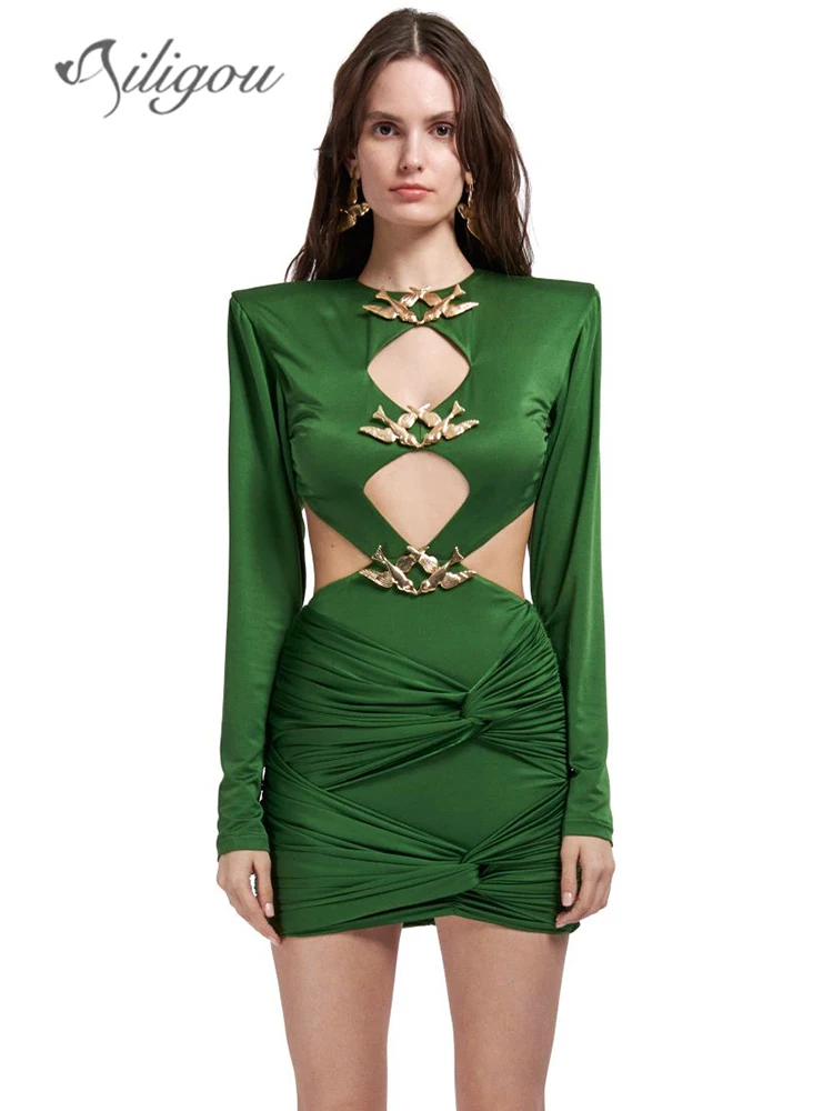 

Ailigou 2023 New Women's Sexy Green Hollow Pleated Metal Long Sleeve Metal Decorated Mini Dress Celebrity Party Club Dress