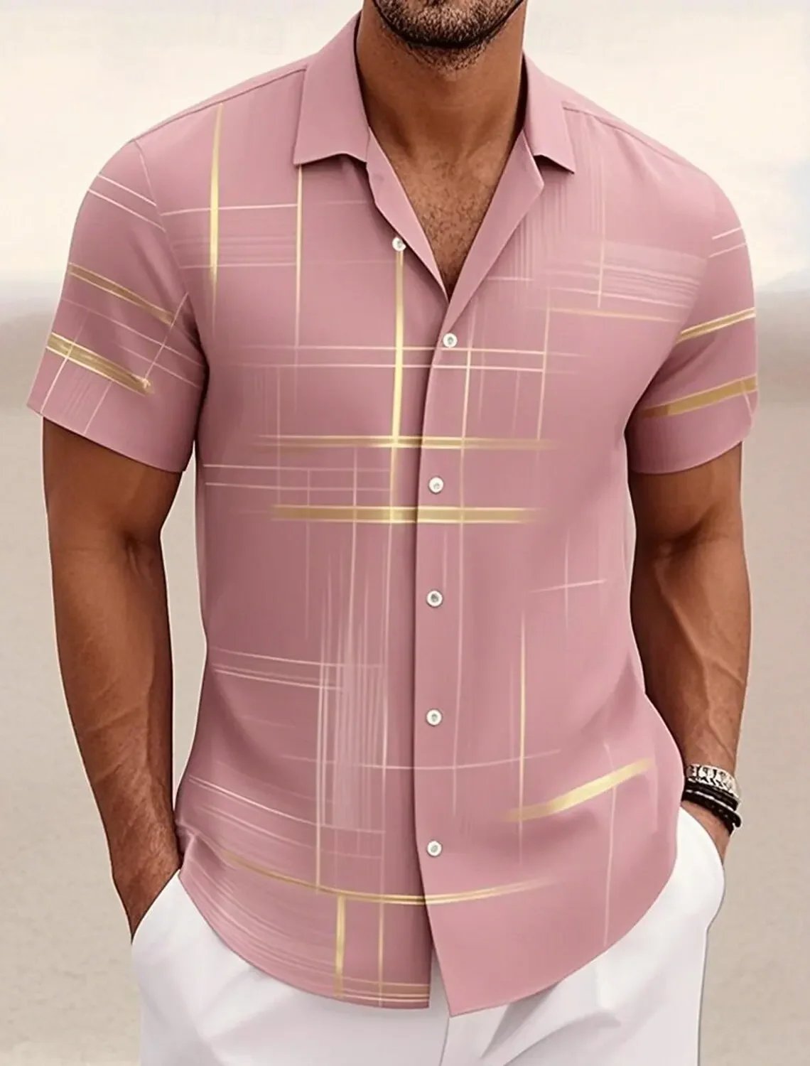 Dark Navy Gold Line Plaid Hawaiian Shirt Multi Color Optional Men Korean Streetwear US Retro Business Casual Short Sleeve Tops
