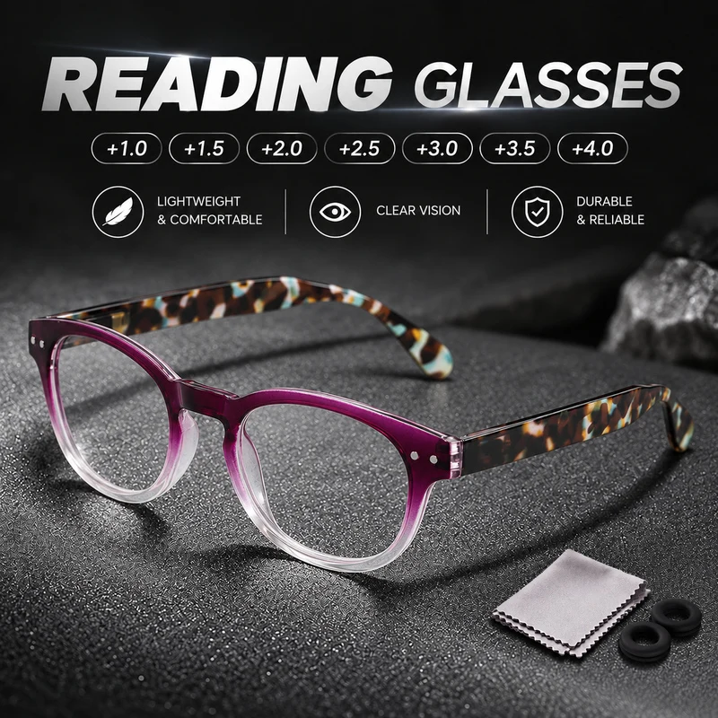 1 Pair Minimalist Reading Glasses +1.0 to +4.0 for Daily Reading with Cleaning Cloth and Anti-Slip Ear Hooks