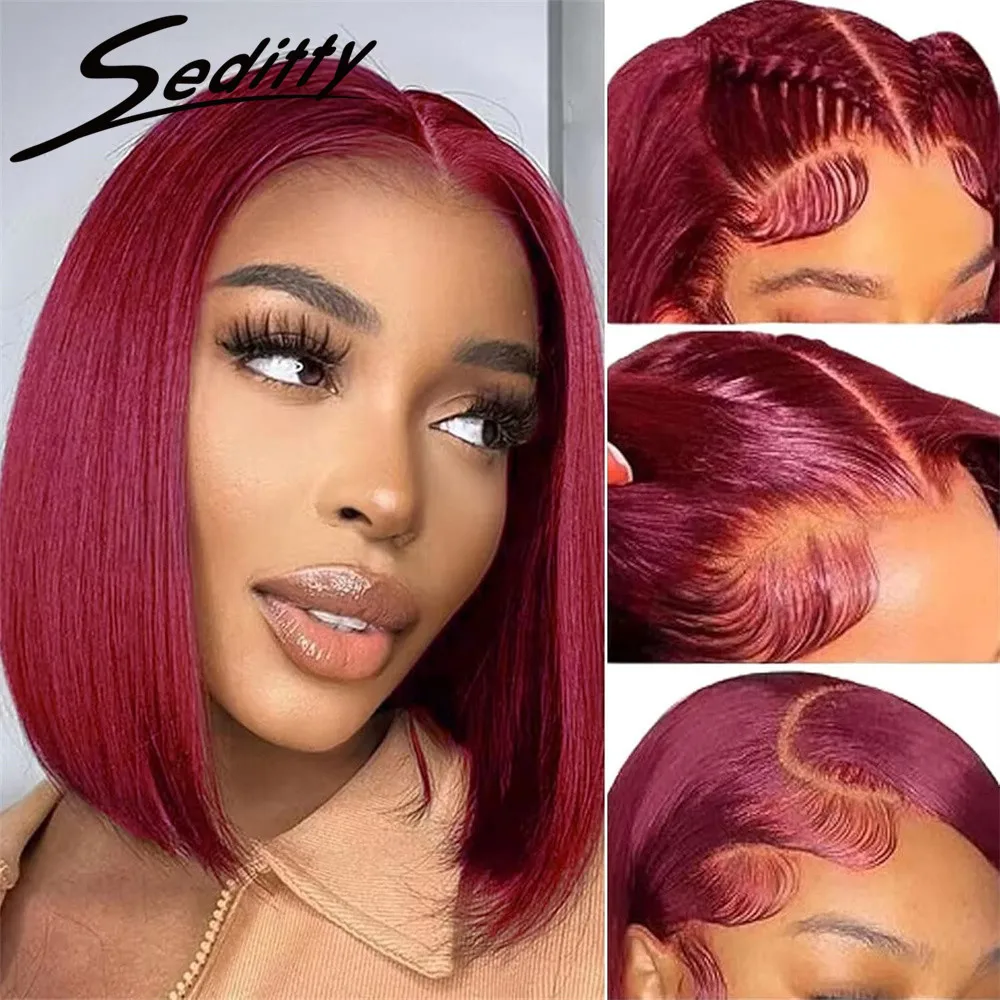 99J Burgundy Short Bob Wig 13X4 Lace Front Wigs For Women Brazilian Human Hair 10 14 Inch Win Red Bob Wig 200% Density Red Color