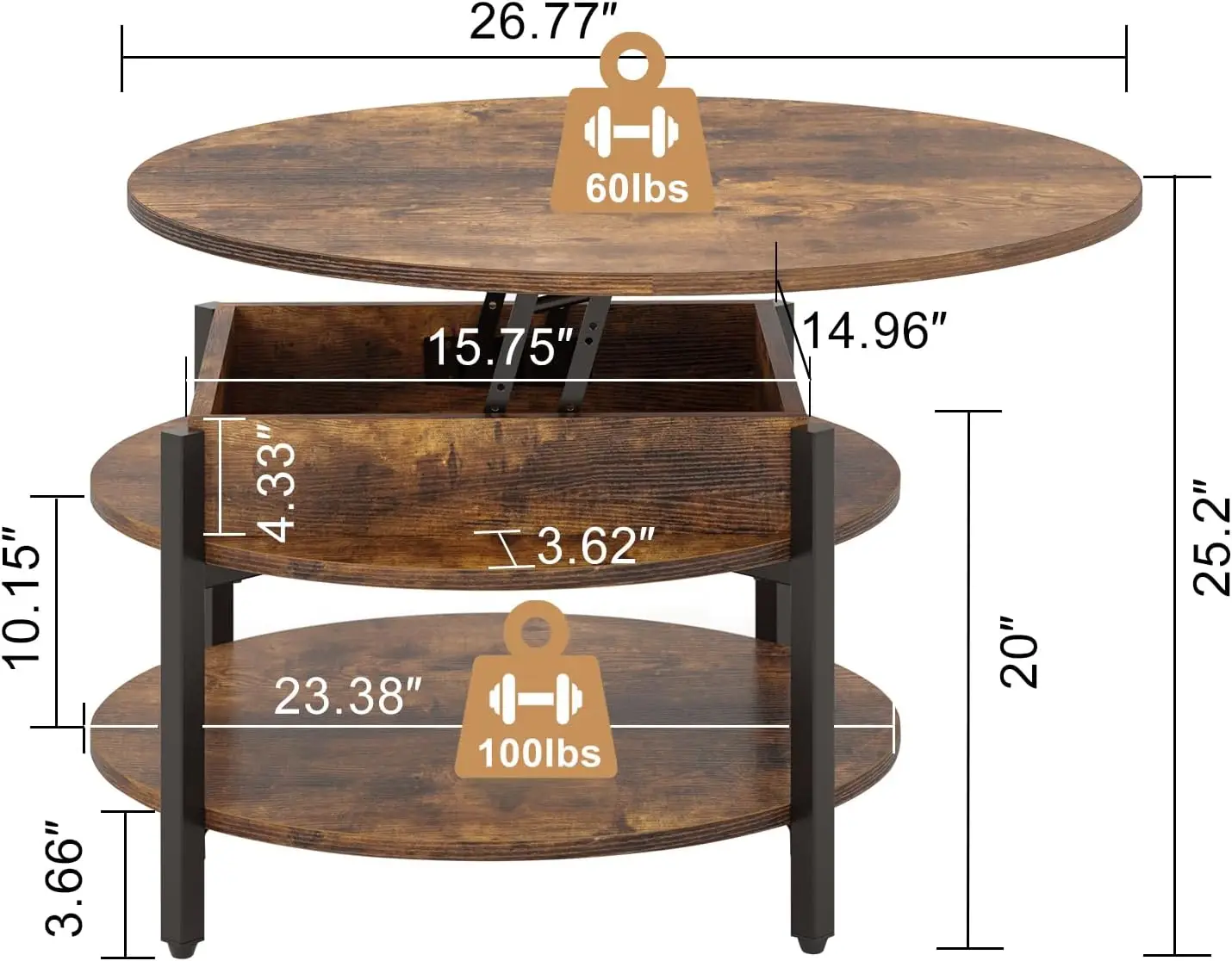 Round Lift Top Coffee Table com Armazenamento e compartimento escondido, Farmhouse Coffee Table para sala de estar, sala de recepção, 26,77"