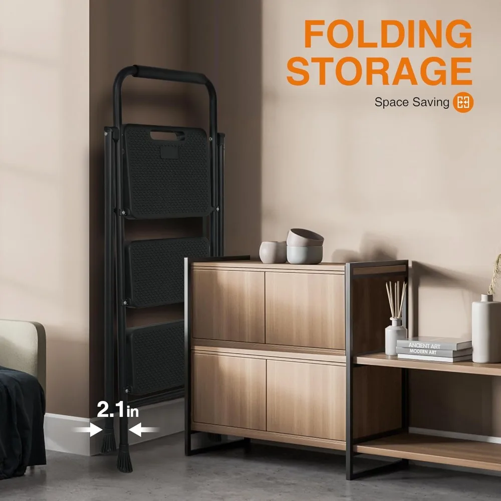 سلم فولاذي قابل للطي بثلاث خطوات مع مشطات مضادة للانزلاق، سعة 500 رطل، محمول وقوي، مثالي للاستخدام المنزلي والورش #6