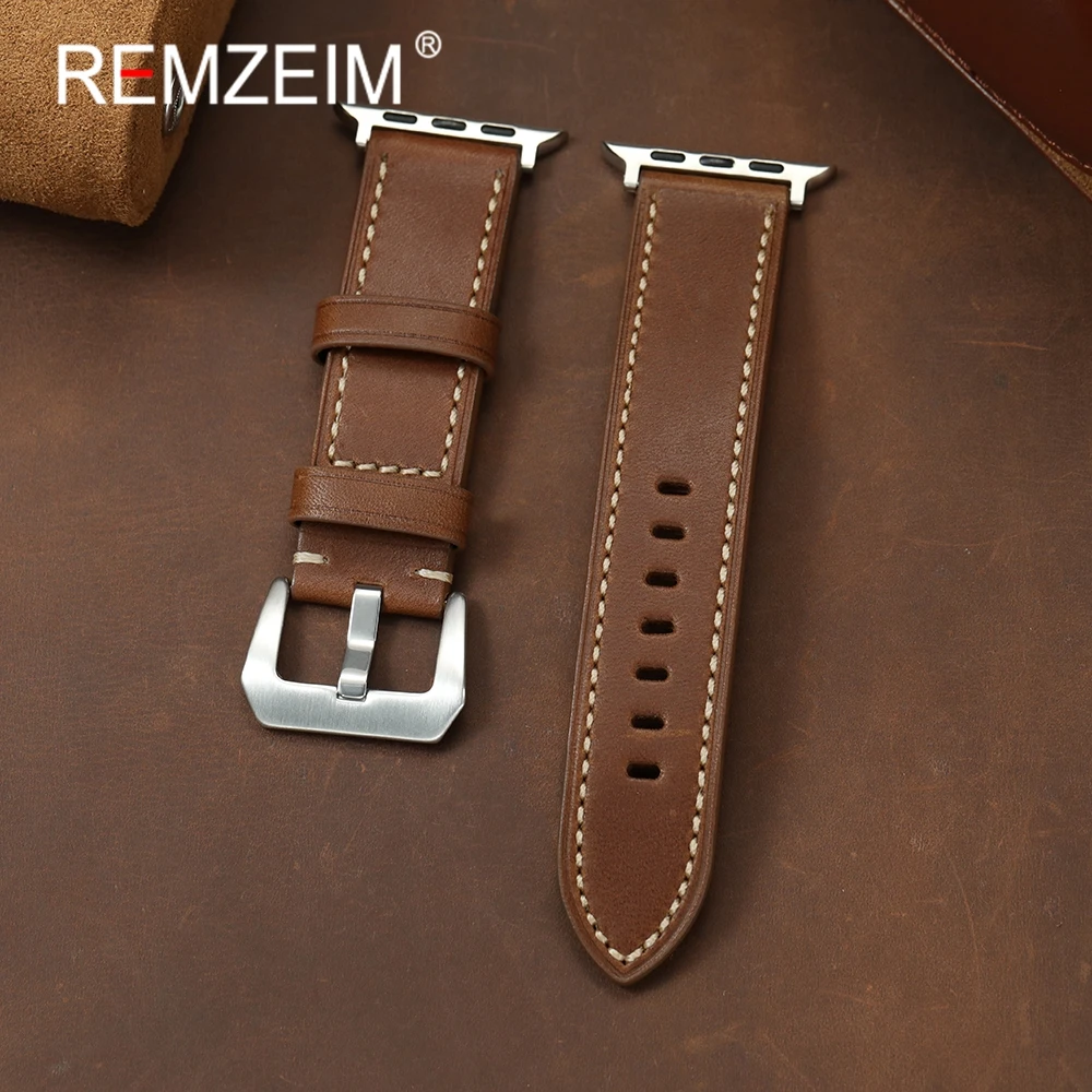

Кожаный ремешок в стиле ретро для Apple Watch 1-10 Ultra SE 2, ремешок из воловьей кожи для Iwatch 49/46/45/44/42/41/40/38 мм, ремешок для часов с ручной строчкой