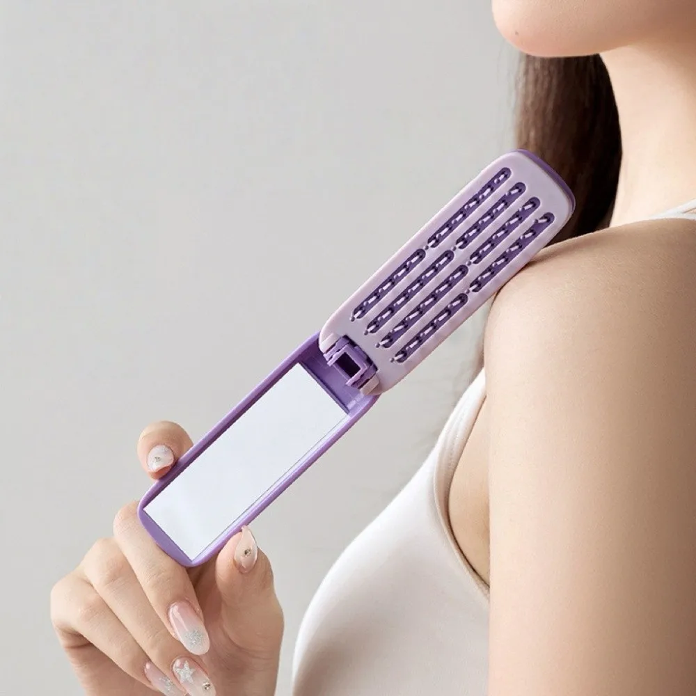 Anti-Static 2-in-1 Comb Mirror Hollow Design Self Cleaning Fold Volumizing Hair Brush Comfortable Scalp Massage