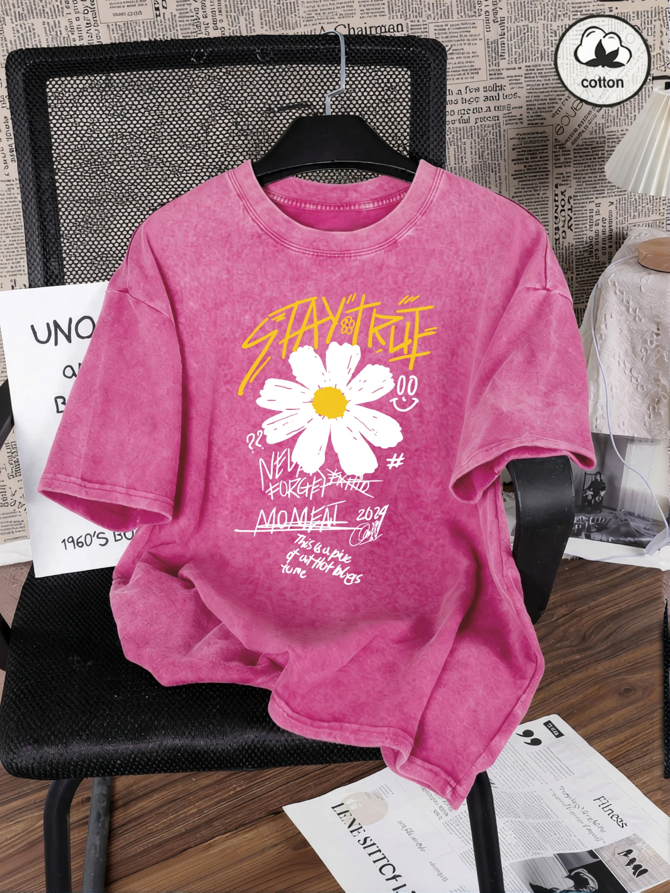 Stay True Moment Blumendruck Damen Washed T-Shirt Oversize Crewneck T-Shirts Baumwolle T-Shirts Vintage Sommer Kurzarm