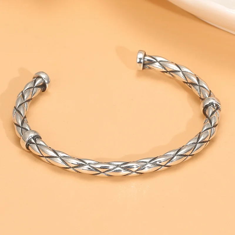 

S925 silver personalized twist pattern women's bracelet thai silver retro open quilted bracelet girls trendy silver jewelry