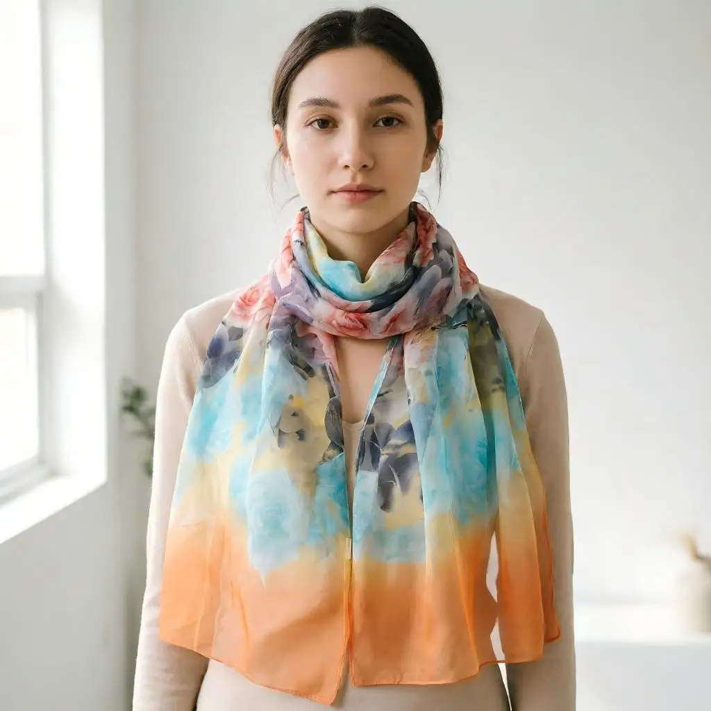 

Elegant Peony Print Chiffon Scarf 160x50cm - Soft Lavender Floral Shawl for Women, Lightweight Summer Sun Protection Beach Cover