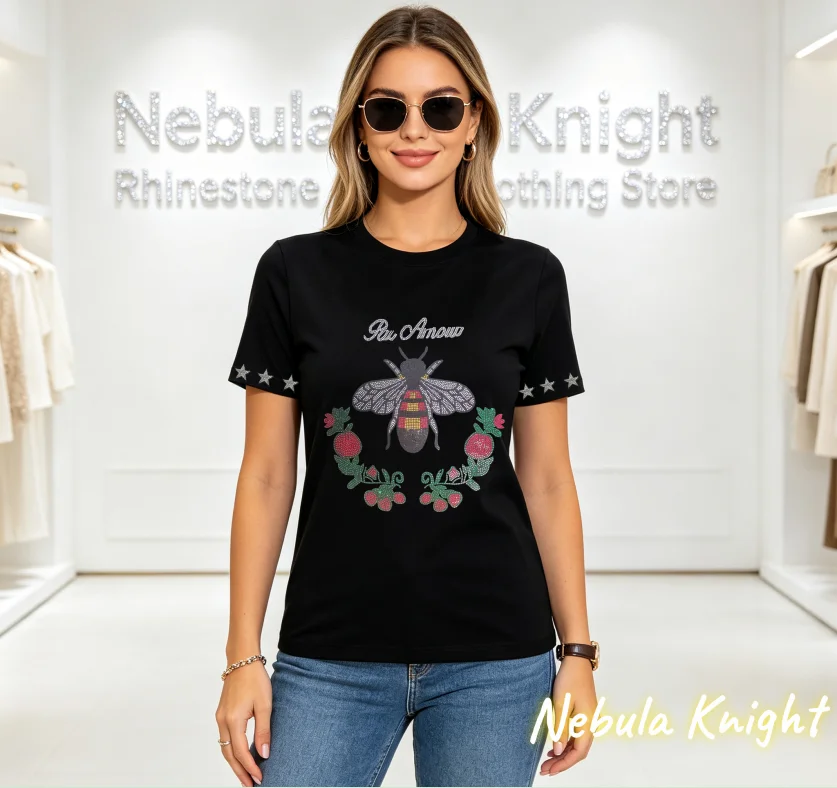 Women's O-Neck Short Sleeve Cotton T-Shirt with Luxury Crystal Rhinestones Sparkly Summer Casual Streetwear Top