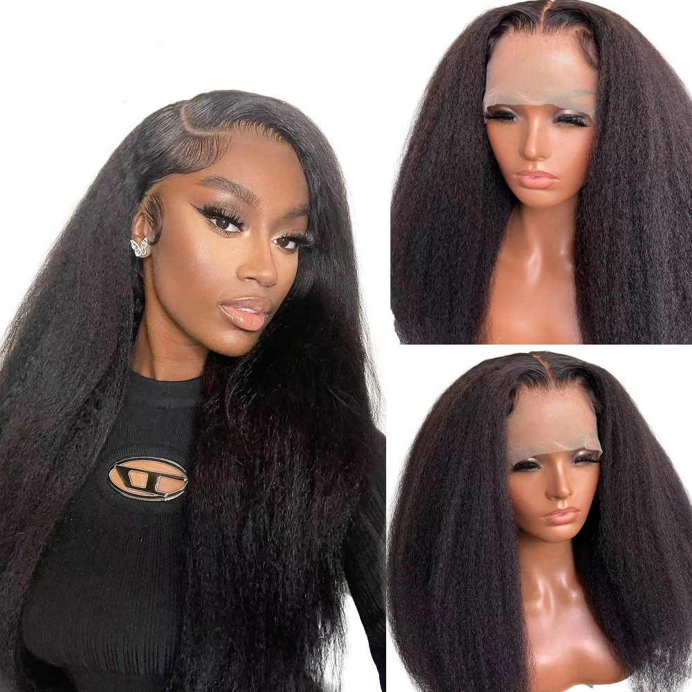 Soft Preplucked Deep 180%Density Glueless Yaki 26 Inch Long Kinky Straight Lace Front Wig For Women Babyhair Natural Black Daily