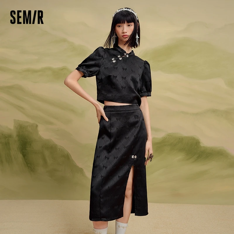 Semir Suit Women Short Top Split Half Skirt 2023 Summer New Bow Tie Slim Fit Two Piece Set New Chinese-Style