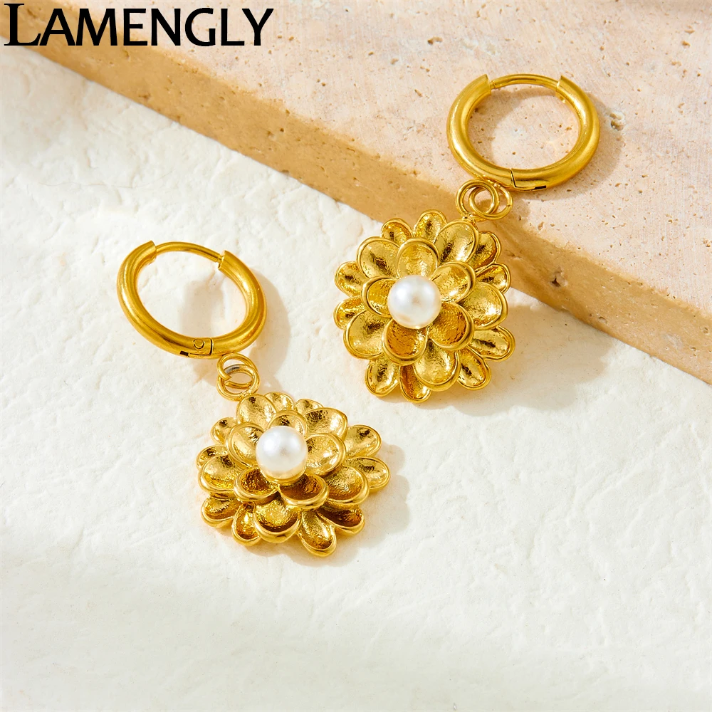 LAMENGLY 316L Stainless Steel White Pearl Multi Leaf Flower Pendant Earrings For Women Noble Luxury Eardrop Ear Buckle Gifts