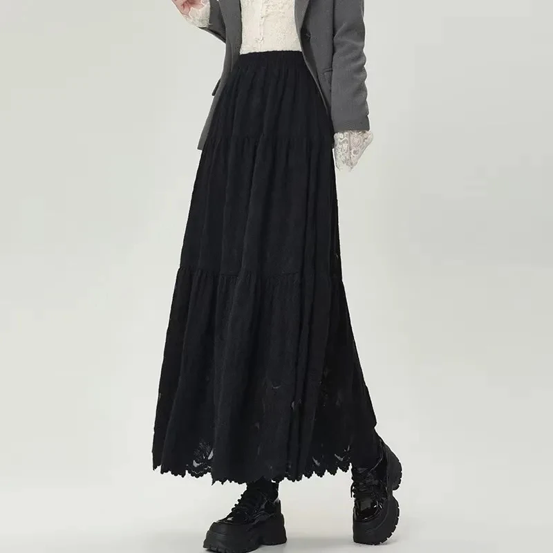Vintage Lace Midi Skirts for Women Y2K Winter Plush Streetwear Patchwork A Line Skirts High Waist Loose All Match Long Skirts