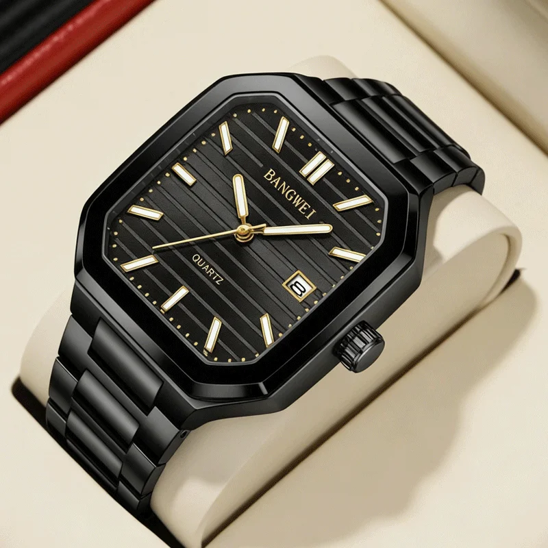 BANGWEI Square Man Wristwatch Waterproof Luminous Date Watch for Man Full Steel Strap Quartz Watches Luxury Male Clock
