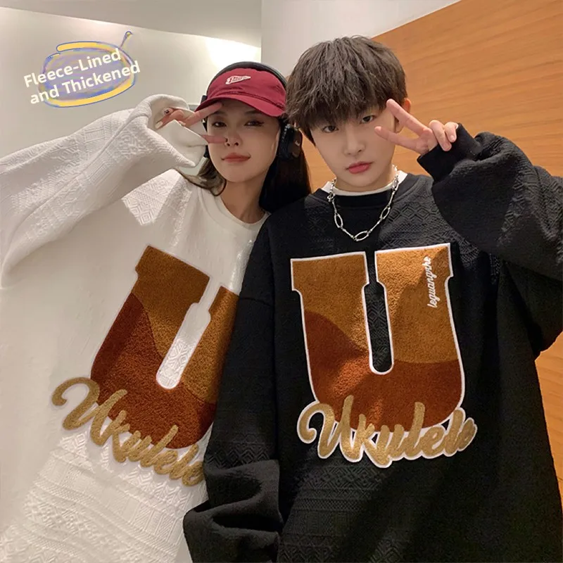 

Мужской утепленный зимний свитшот с круглым вырезом и флисовой подкладкой, в американском ретро-стиле, для пар, осенний, премиум-класса