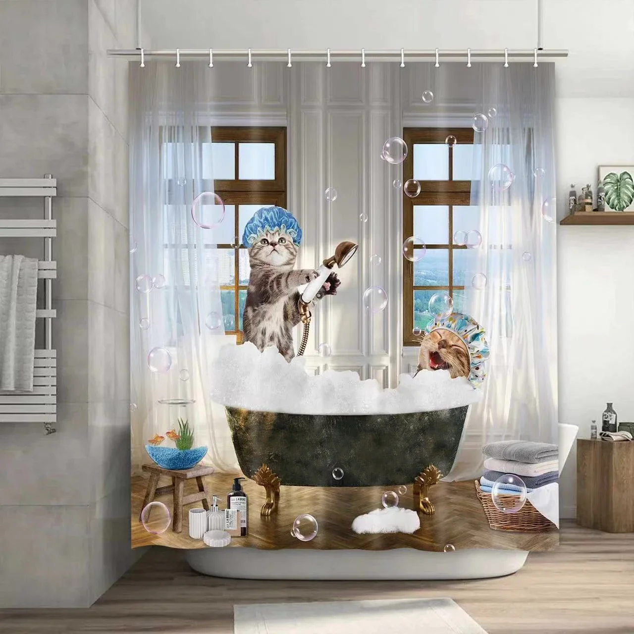 Funny Shower Curtains Cat Riding Shark Ocean Birds Sea Waves Cool Fun Bath Curtain Polyester Fabric Kids Bathroom Decor Sets view 4